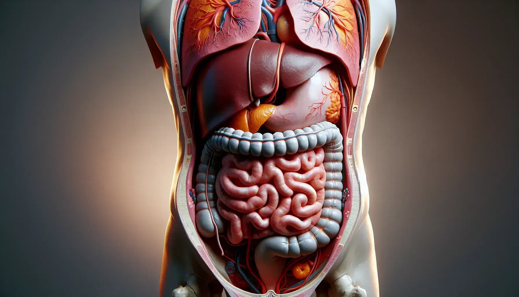 Modello anatomico umano frontale con cavità addominale aperta che mostra organi interni colorati per identificazione didattica.
