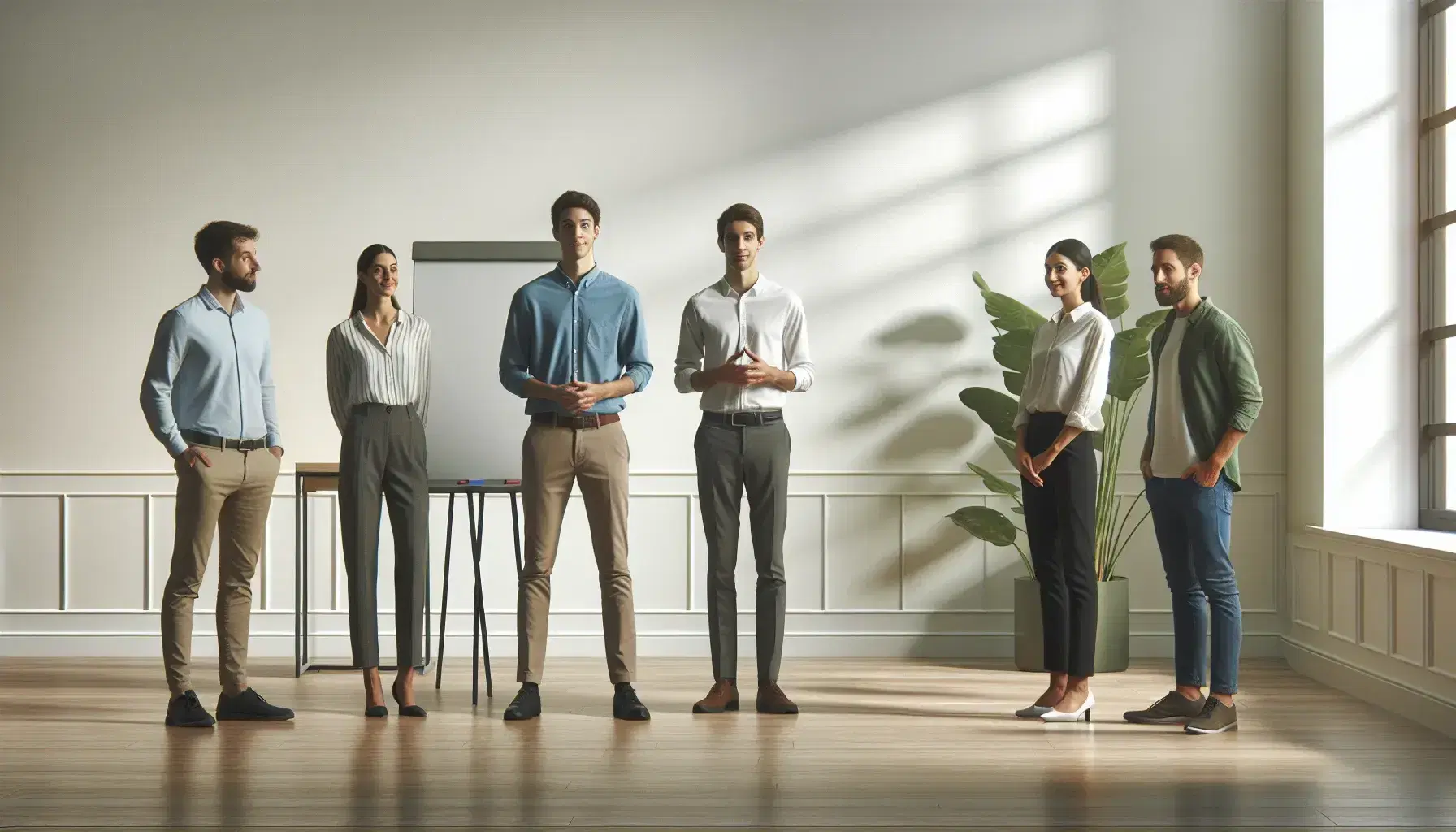 Grupo diverso de cinco personas en una reunión informal de pie en semicírculo, escuchando atentamente a un compañero que gestícula, con pizarra blanca y planta al fondo.