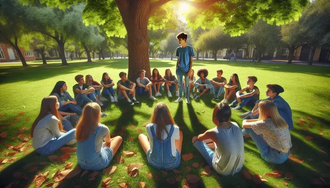 Grupo de adolescentes diversos escuchando atentamente a un compañero de pie en un parque soleado, sentados en semicírculo sobre césped verde bajo un árbol frondoso.