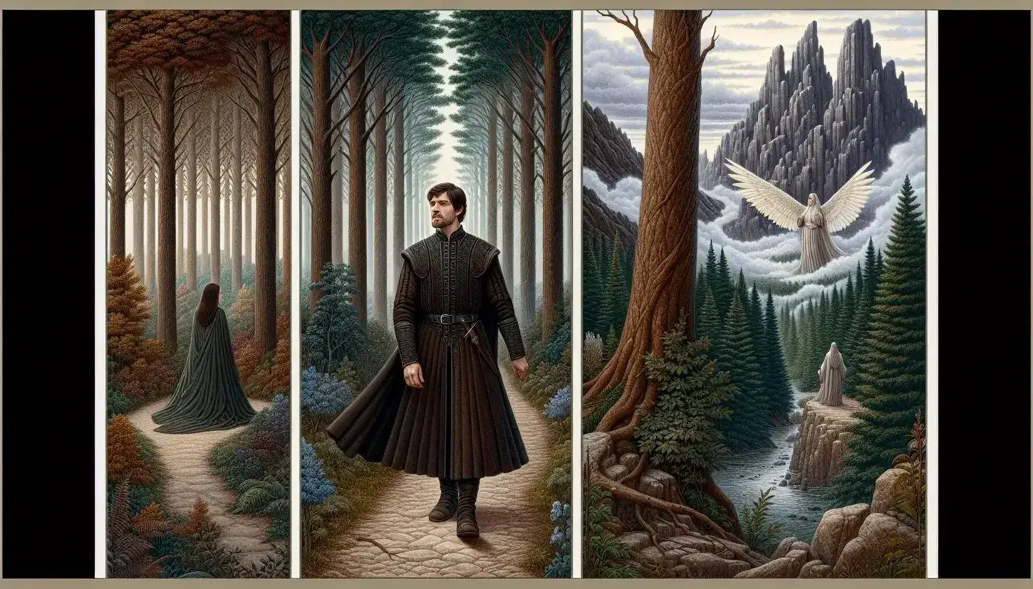 Uomo in abiti medievali scuri cammina in un sentiero boscoso con figura alata eterea che lo sorveglia, montagna rocciosa e lago in lontananza.