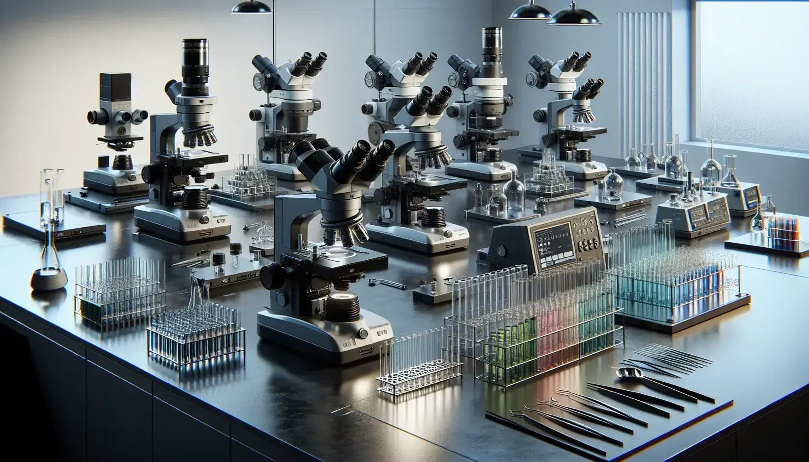 Microscopi elettronici di varie dimensioni su tavolo da laboratorio con provette colorate, pinzette e pipette, illuminati da luce soffusa.