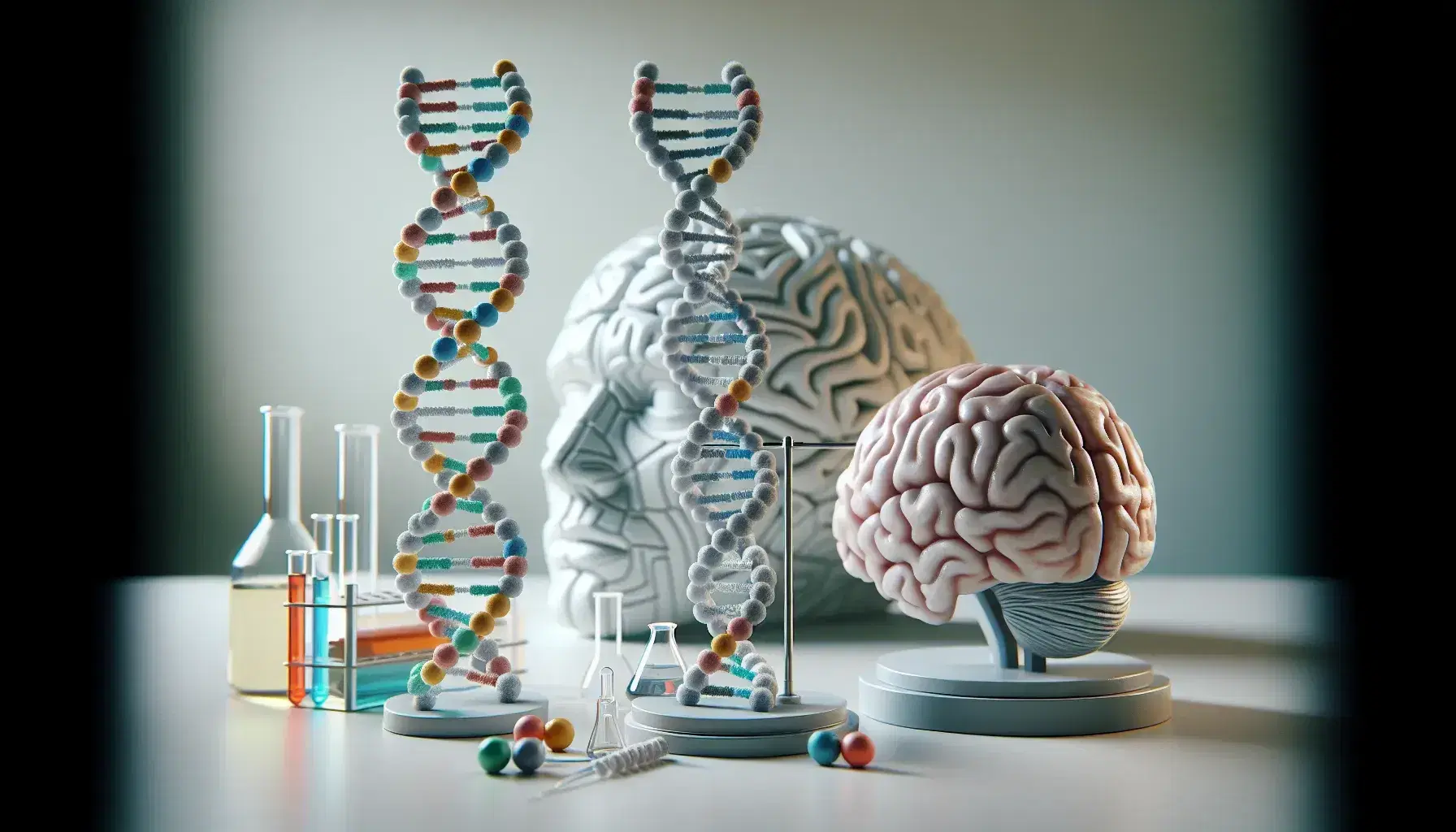DNA double helix model and human brain in a laboratory with beaker of green liquid, blurred background of laboratory equipment.