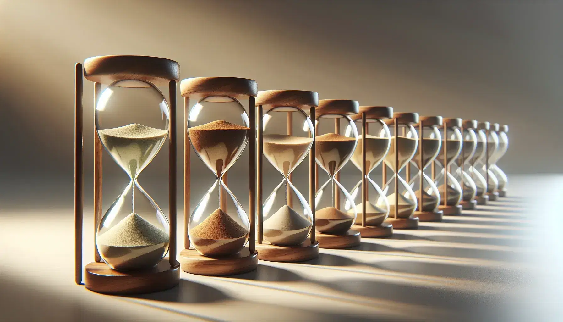 Serie de relojes de arena de madera con arena de colores variados en degradado de tamaño, proyectando sombras suaves sobre superficie clara.