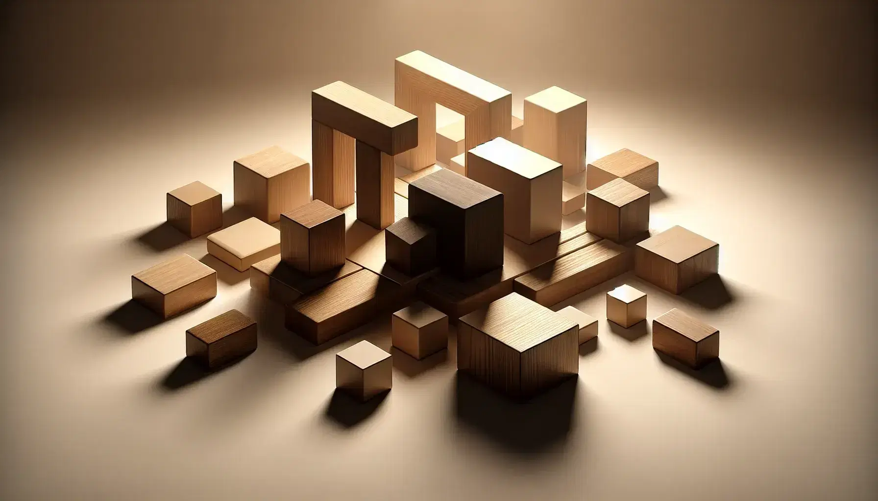Blocchi di legno di varie forme e dimensioni disposti simmetricamente su superficie chiara, con ombre morbide che ne evidenziano la tridimensionalità.