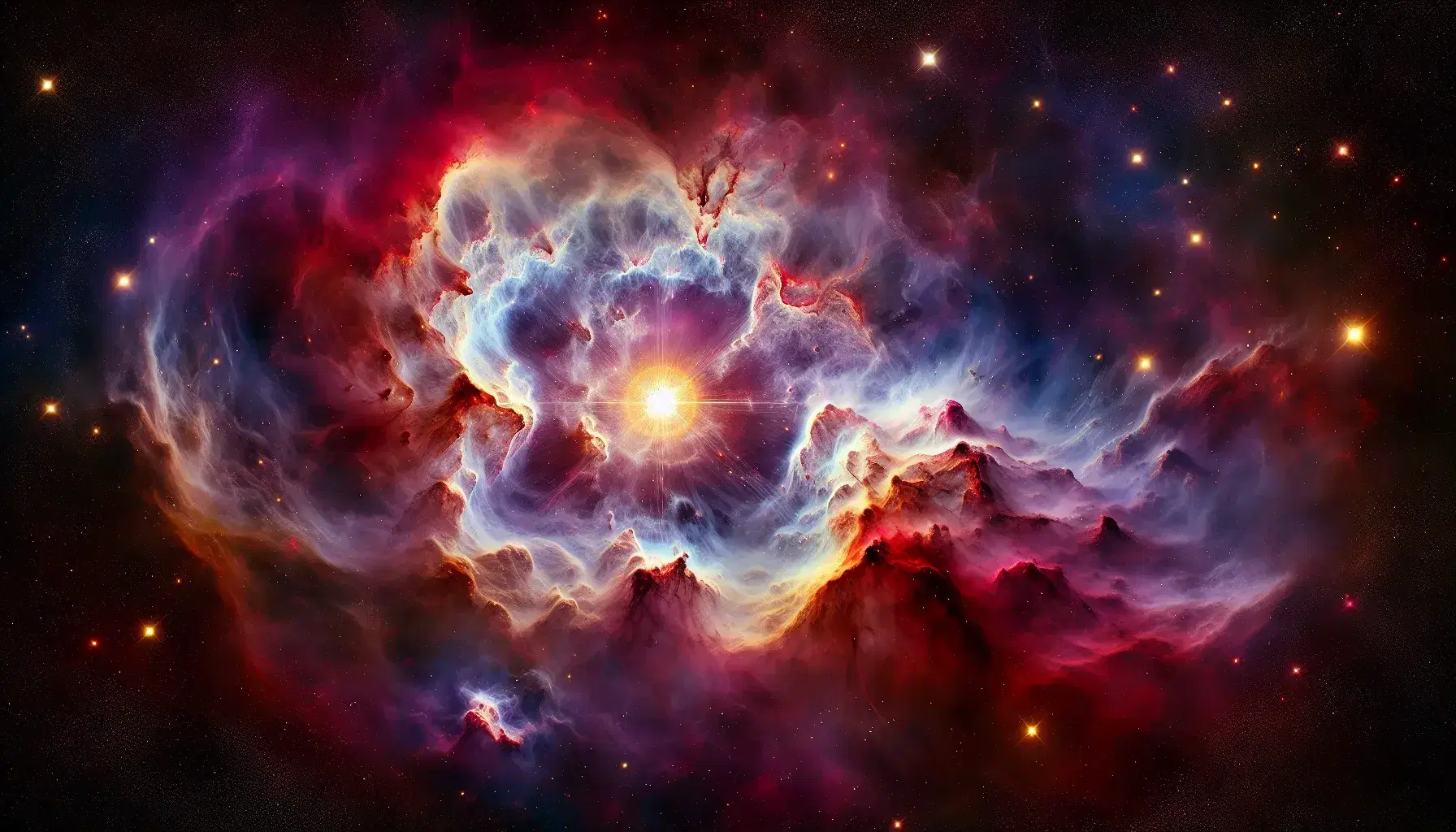 Nebulosa colorida en proceso de formación estelar con una estrella joven brillante en el centro y un cúmulo de estrellas al fondo sobre un cielo estrellado.