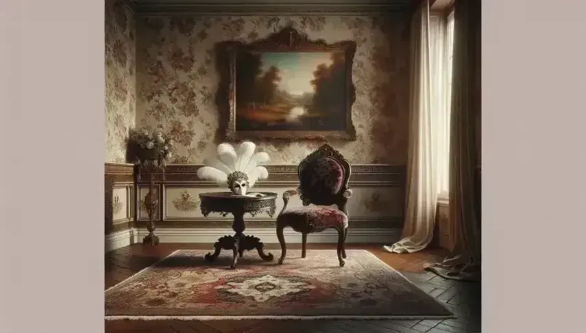 Sala antica con carta da parati floreale, sedia vittoriana in velluto rosso, maschera veneziana bianca su tavolino e tappeto persiano.