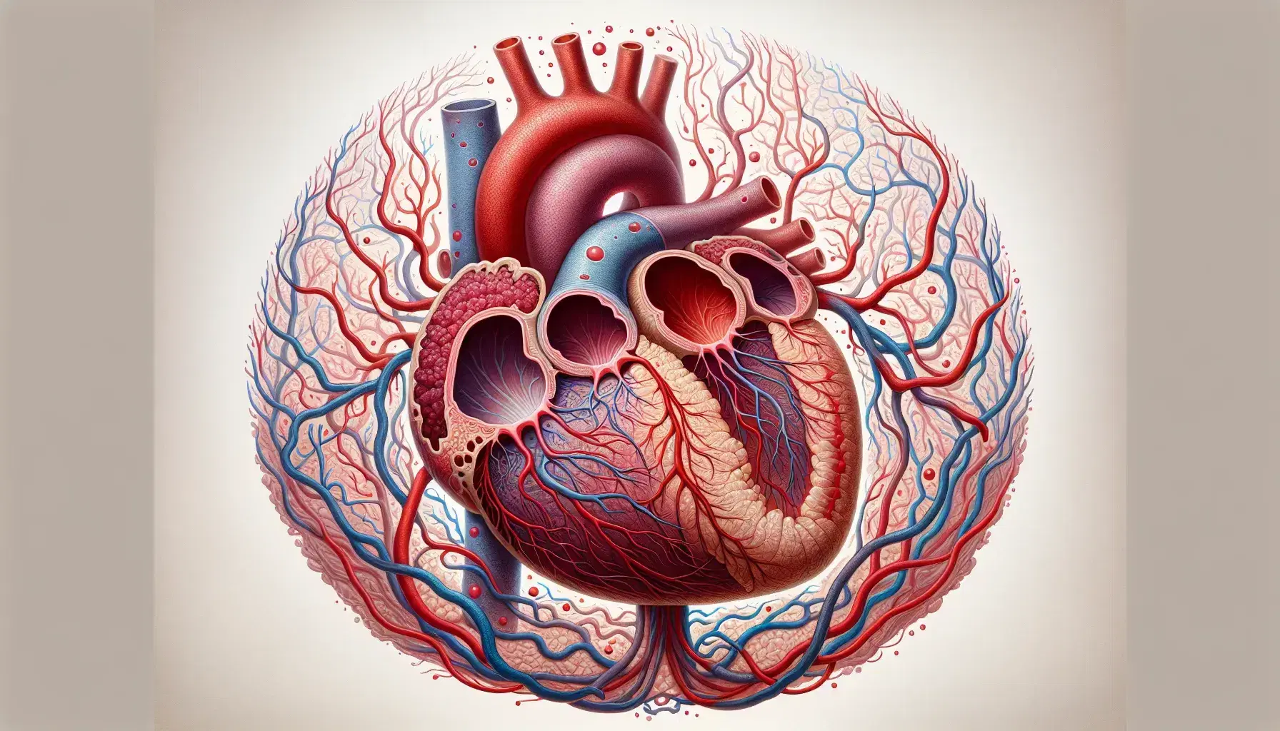 Sezione trasversale di un cuore embrionale umano in sviluppo con camere e vasi sanguigni evidenziati in rosso e blu su sfondo neutro.