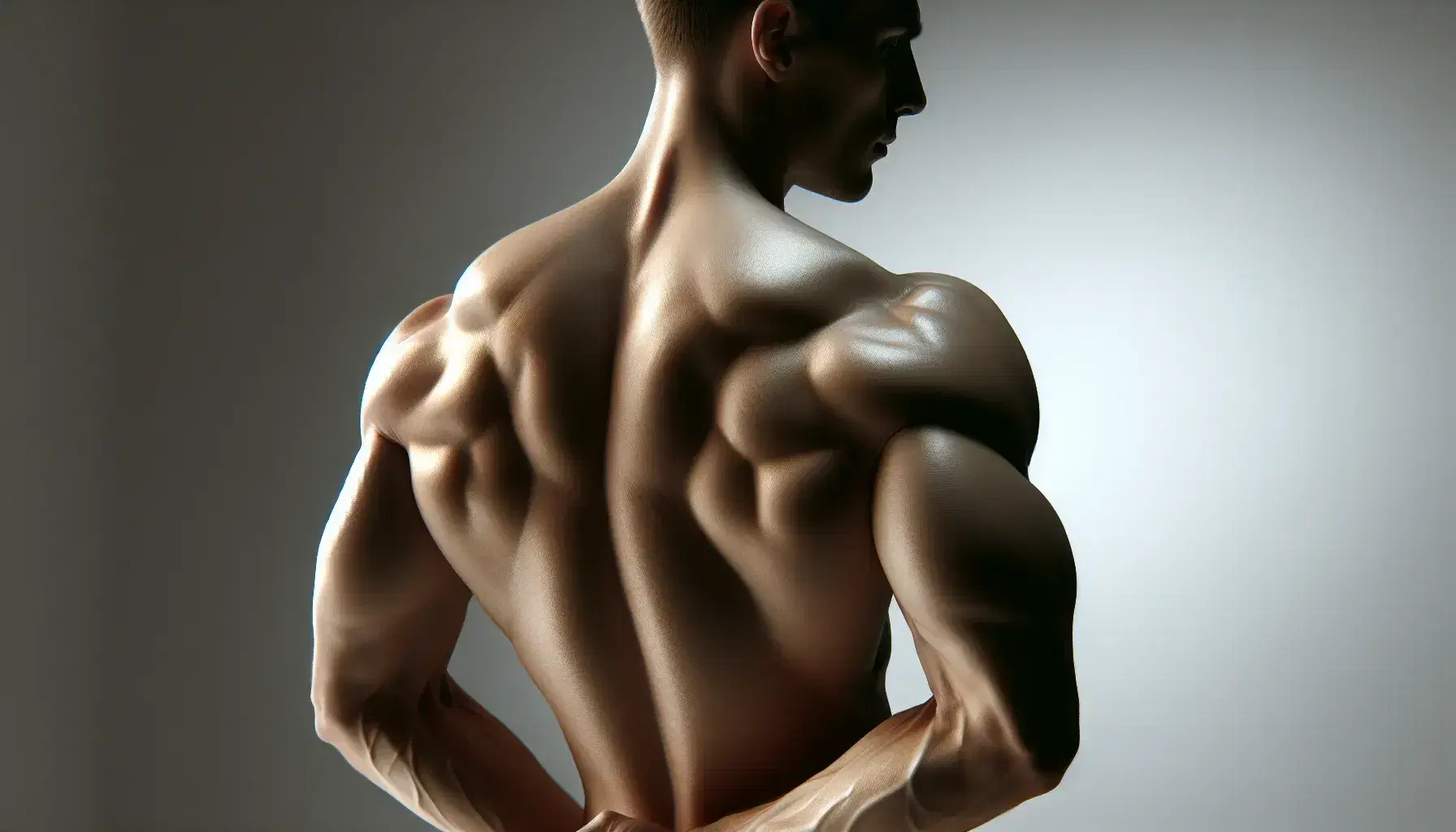 Vista trasera de una persona sin camisa mostrando la anatomía detallada de los músculos del hombro y la espalda con iluminación suave sobre fondo neutro.
