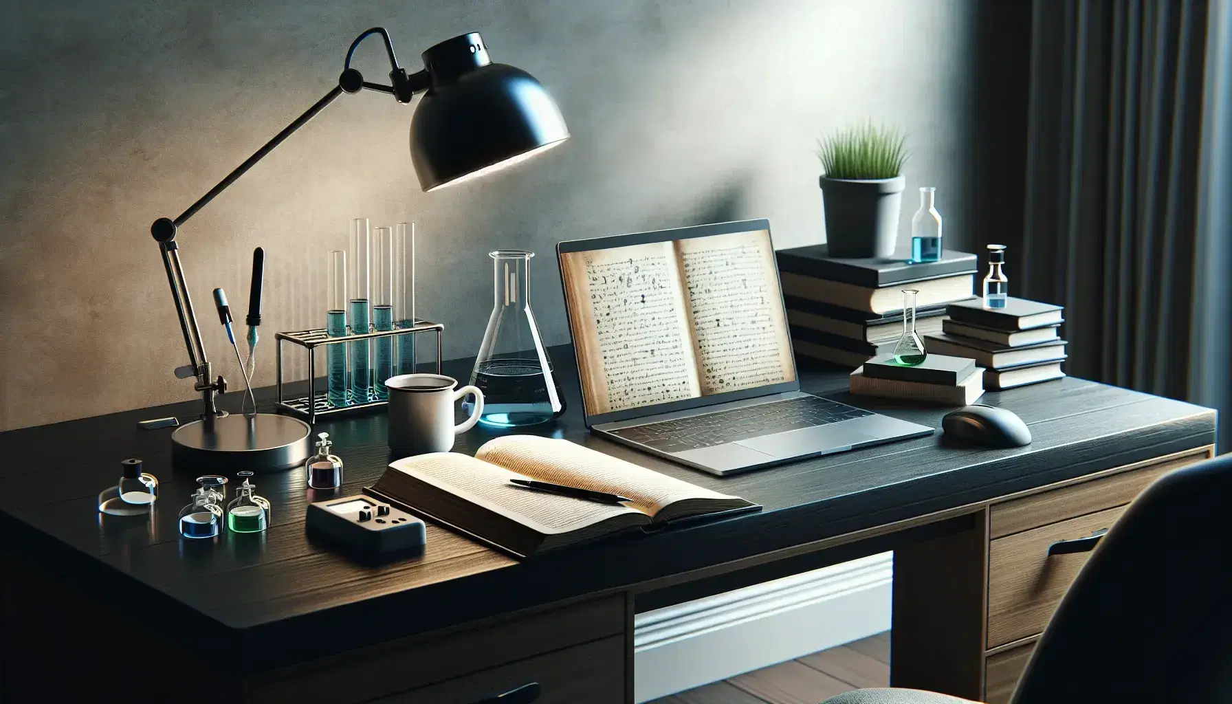 Tidy research desk with a laptop, hardcover book, beaker of blue liquid, petri dish with green substance, coffee mug, and potted plant under a desk lamp.