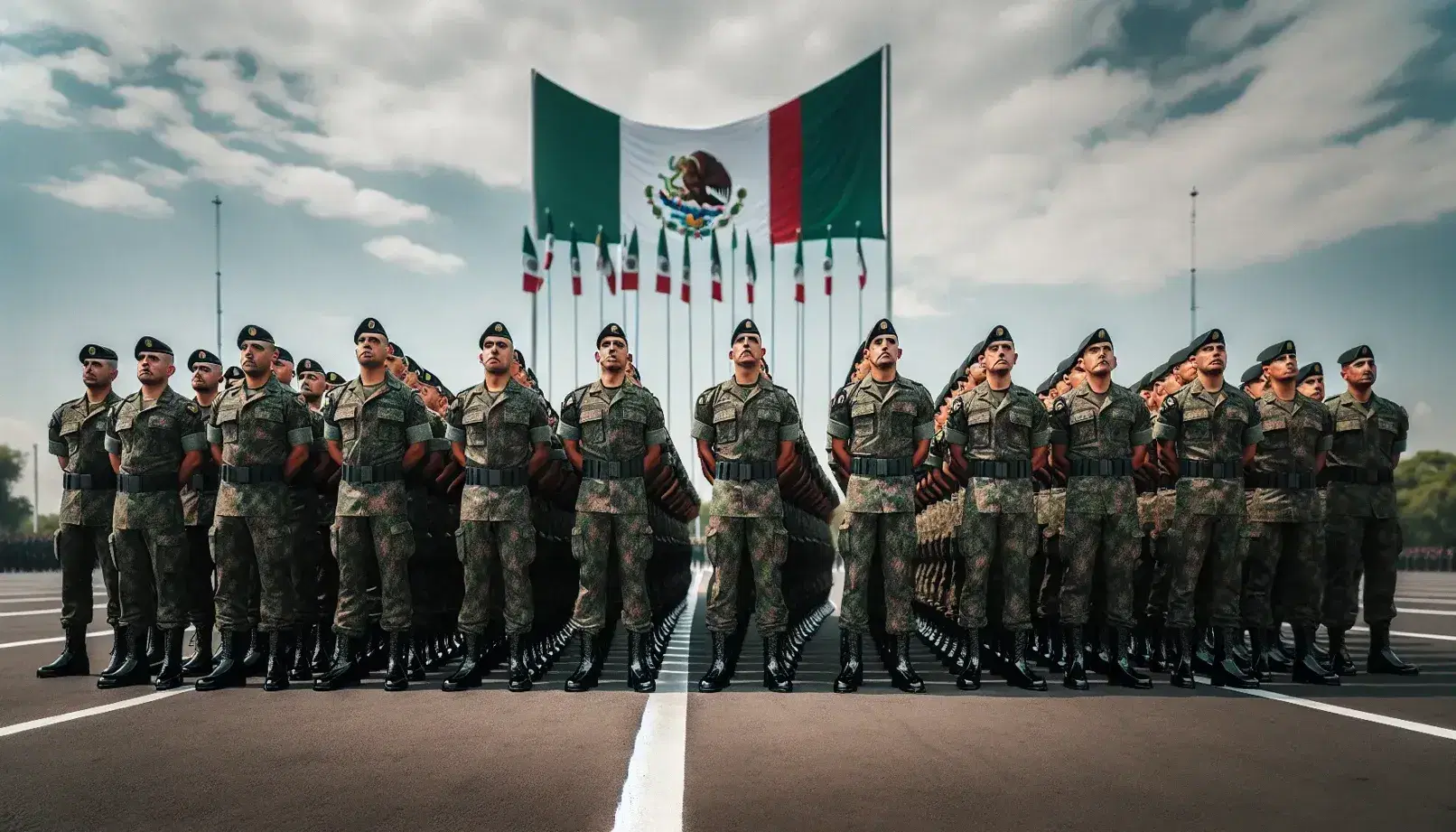 Personal militar mexicano en formación con uniforme de camuflaje, alineados en un campo de asfalto, bajo la bandera de México ondeando en un cielo azul claro.