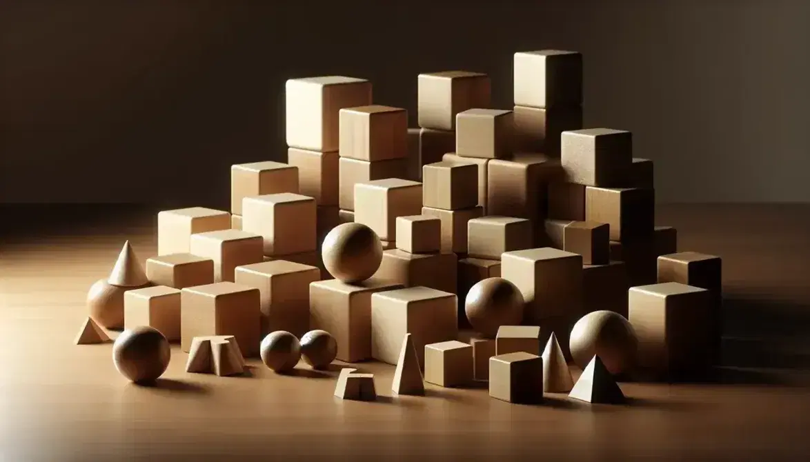 Assorted wooden blocks including cubes, spheres, and pyramids on a dark mahogany table, with soft shadows and a warm, blurred background.