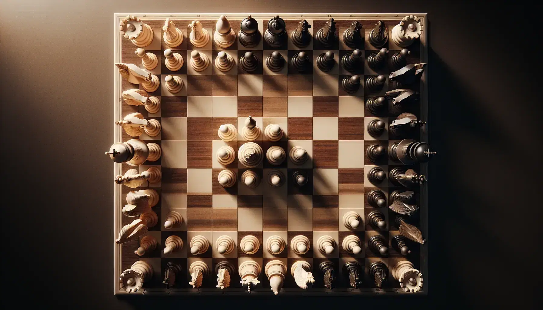 Strategic chessboard setup with white queen, bishop, knight, and pawns facing black king, rook, and pawns on a mahogany table.
