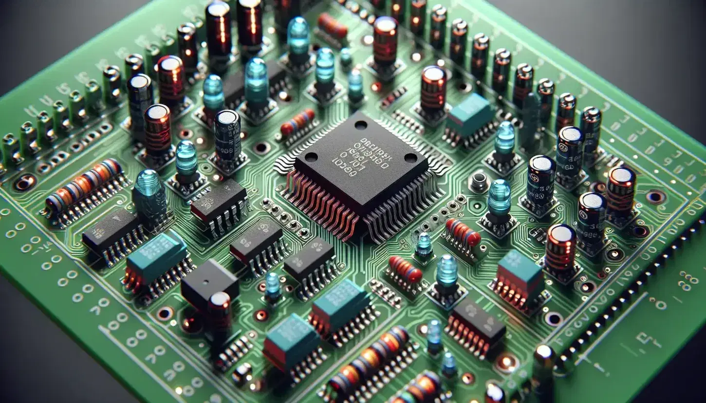 Close-up of a green electronic board with black integrated circuit, blue and orange capacitors, resistors and red and green LEDs.