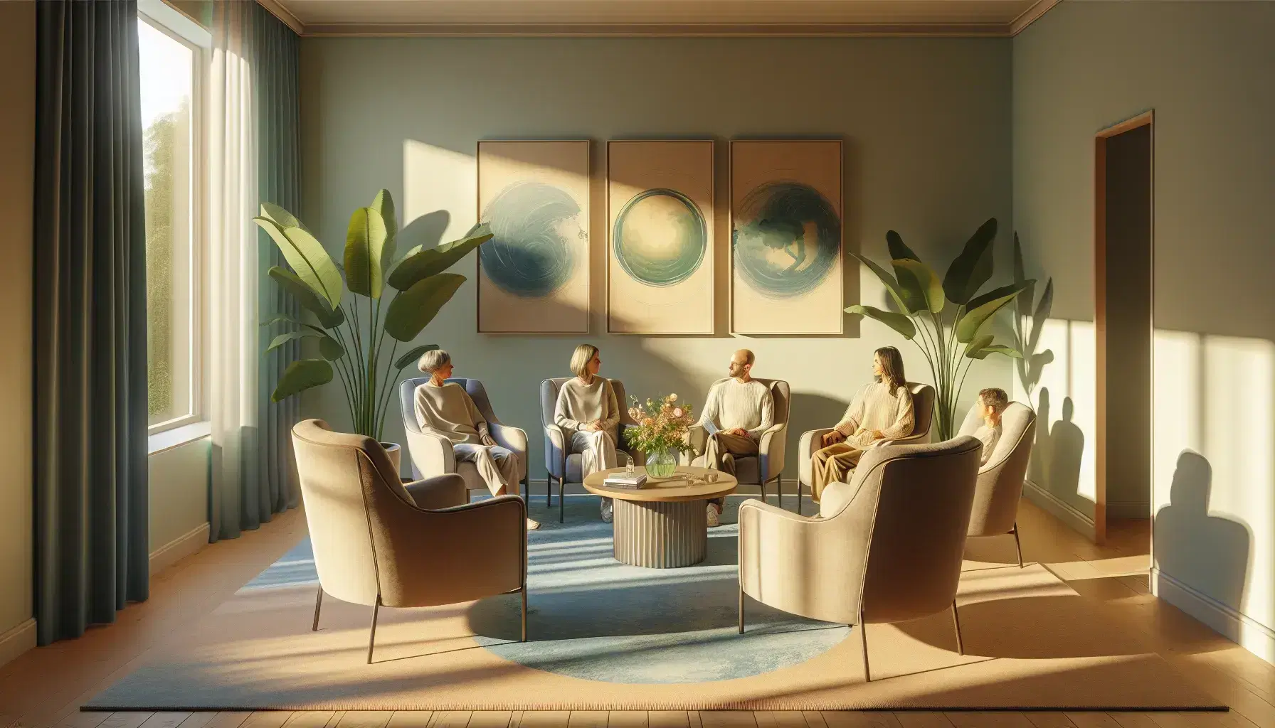 Cozy therapy room with five beige chairs occupied by different adults, green plant, abstract art and natural light.