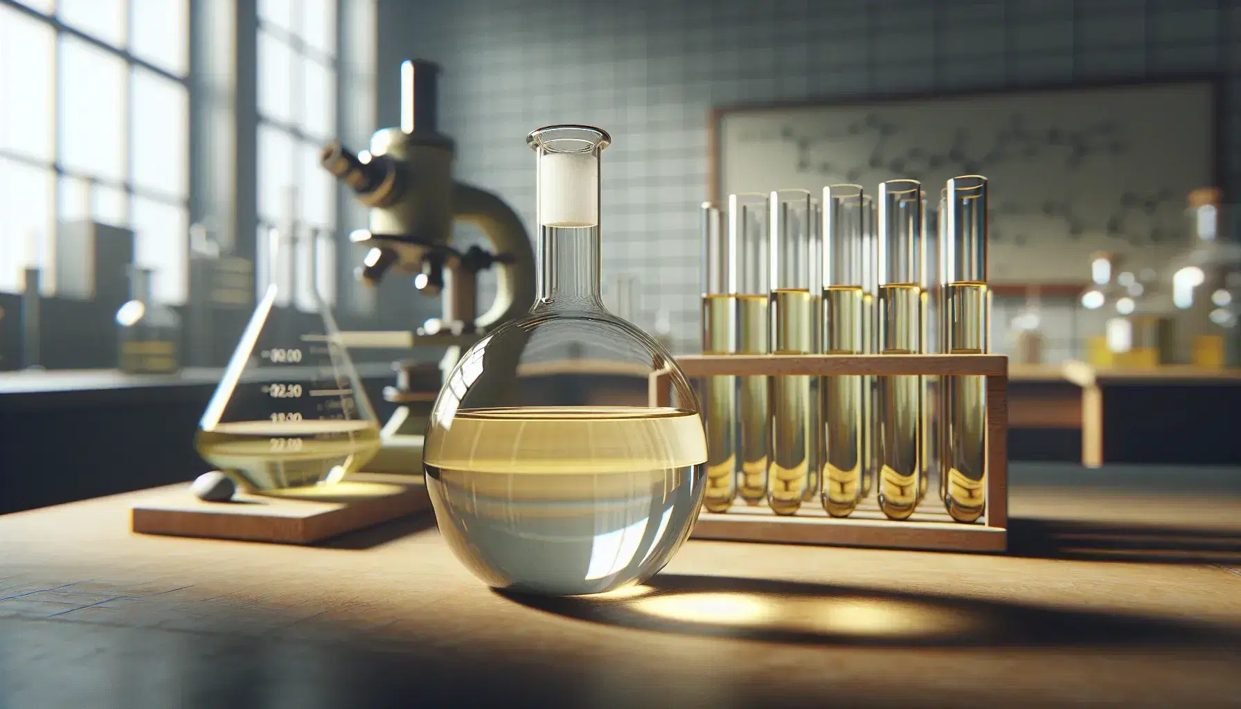 Glass flask with pale yellow liquid on wooden laboratory bench, test tubes with shades of yellow in rack, blurred laboratory background.