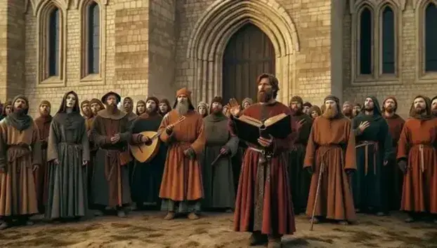 Grupo de personas en atuendos medievales participando en un acto musical liderado por un individuo con túnica roja y sombrero puntiagudo, frente a una construcción de piedra antigua bajo un cielo despejado.