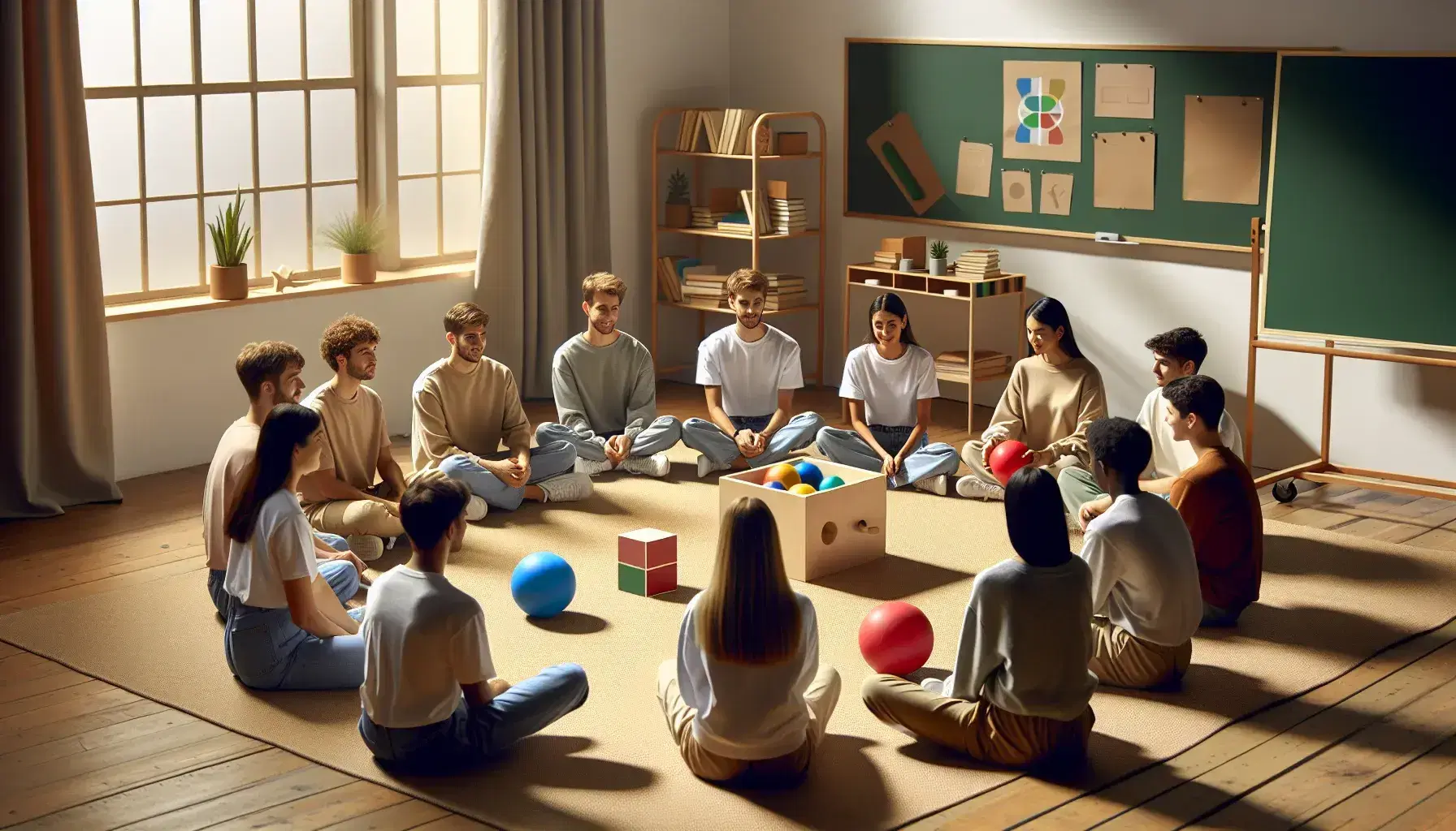 Grupo diverso de estudiantes sentados en círculo en clase, compartiendo pelotas y figuras geométricas, con luz natural y ambiente colaborativo.