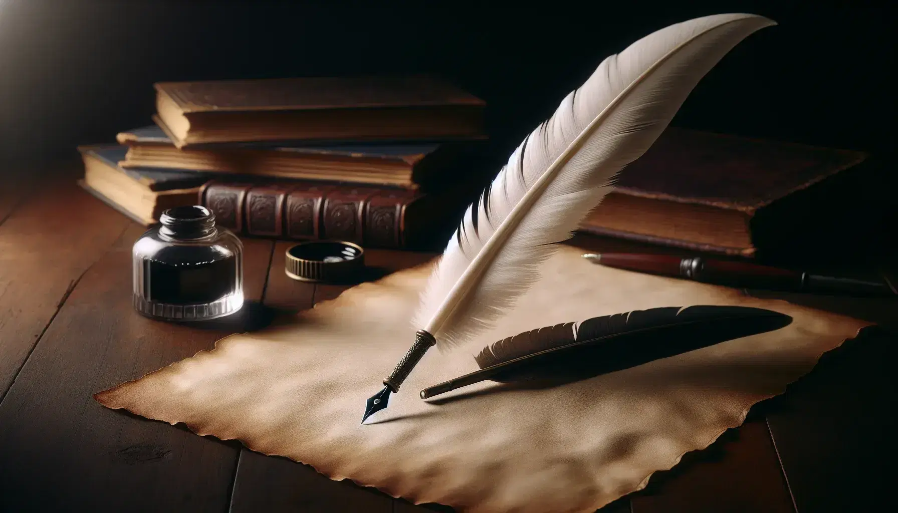Quill pen with white feather and ink drop on nib, resting on aged parchment paper beside glass inkwell on a dark wooden desk, with blurred leather-bound books in the background.
