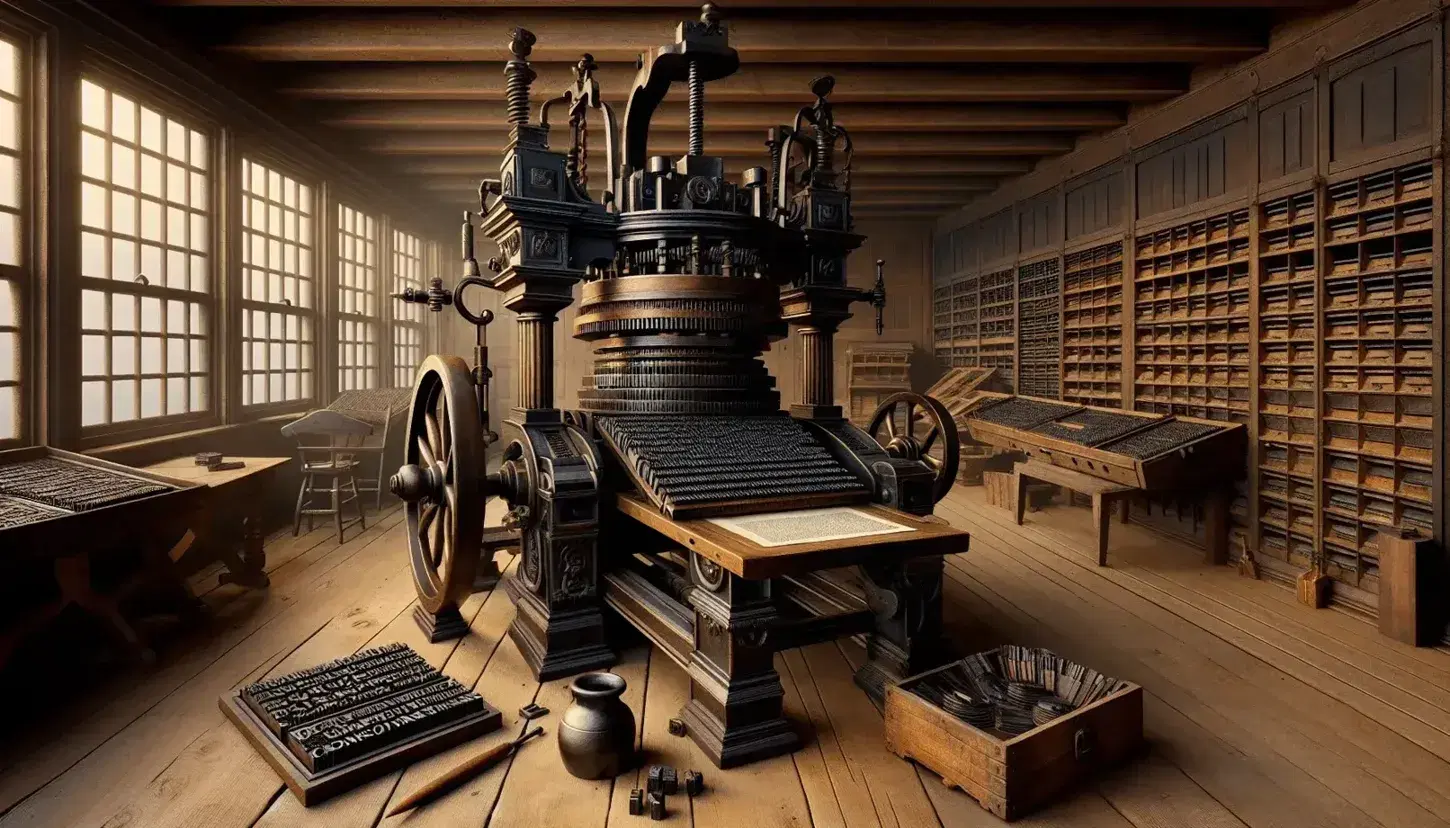 18th-century wooden printing press with tools on a table, freshly printed papers on the side, in a room with natural light from a window.