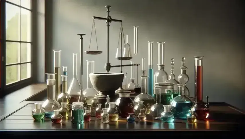 Frascos de vidrio con líquidos de colores en mesa de madera oscura, mortero de piedra, balanza y quemador Bunsen apagado en laboratorio con luz natural.
