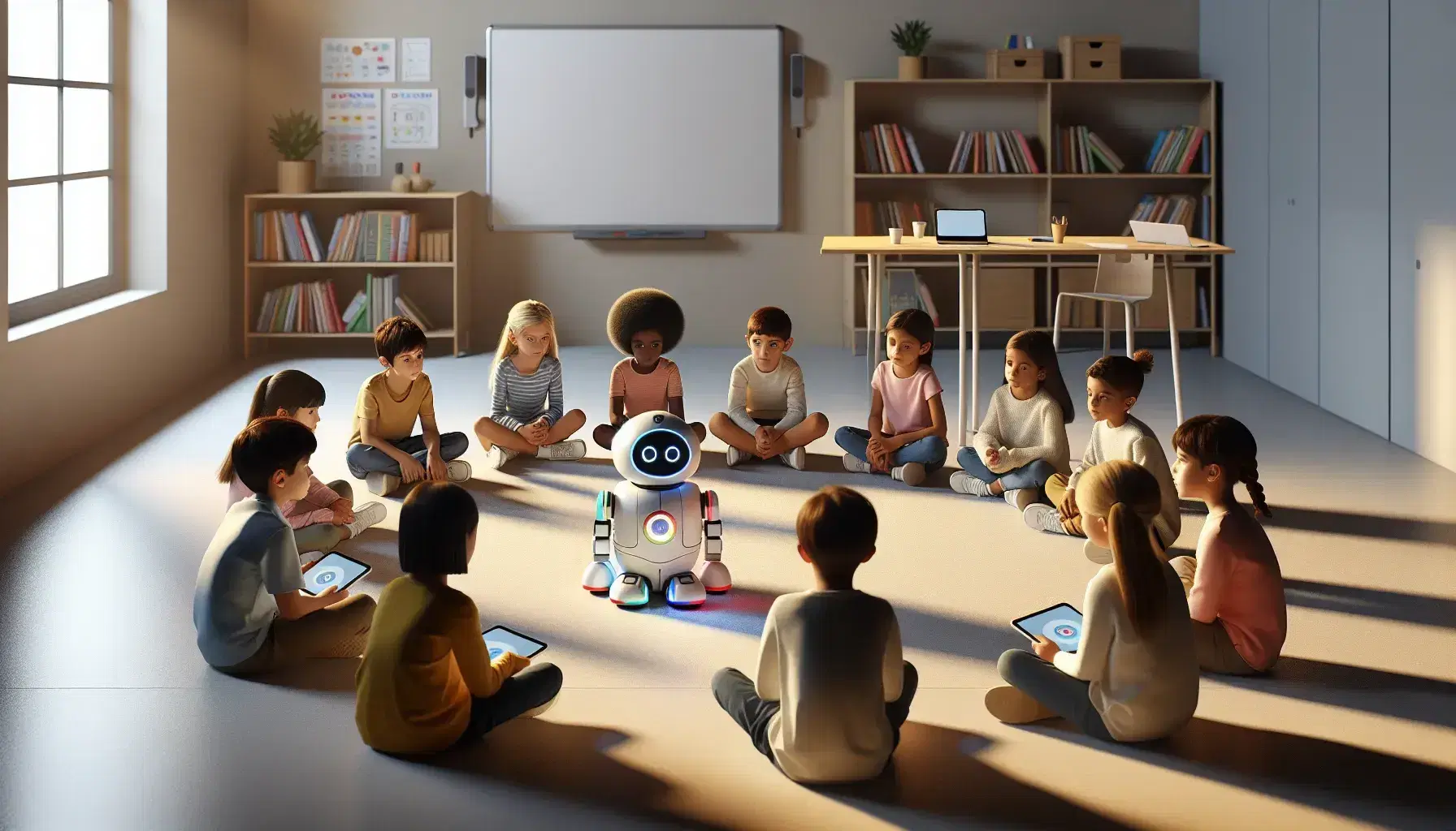 Niños de diversas etnias interactuando con un robot educativo en un aula iluminada naturalmente, rodeados de dispositivos electrónicos y libros.