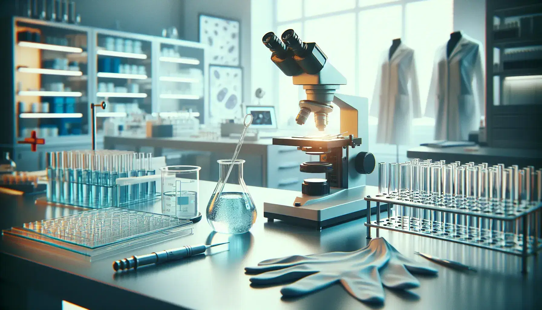 Laboratory with beaker of blue liquid, pipette, microscope, slides and latex gloves on workbench, white coat blurred in background.