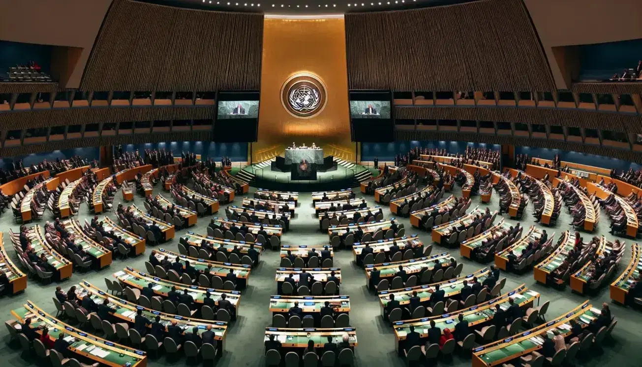 United Nations General Assembly hall with delegates in formal and traditional attire, seated at desks in a tiered setting, under bright lighting.