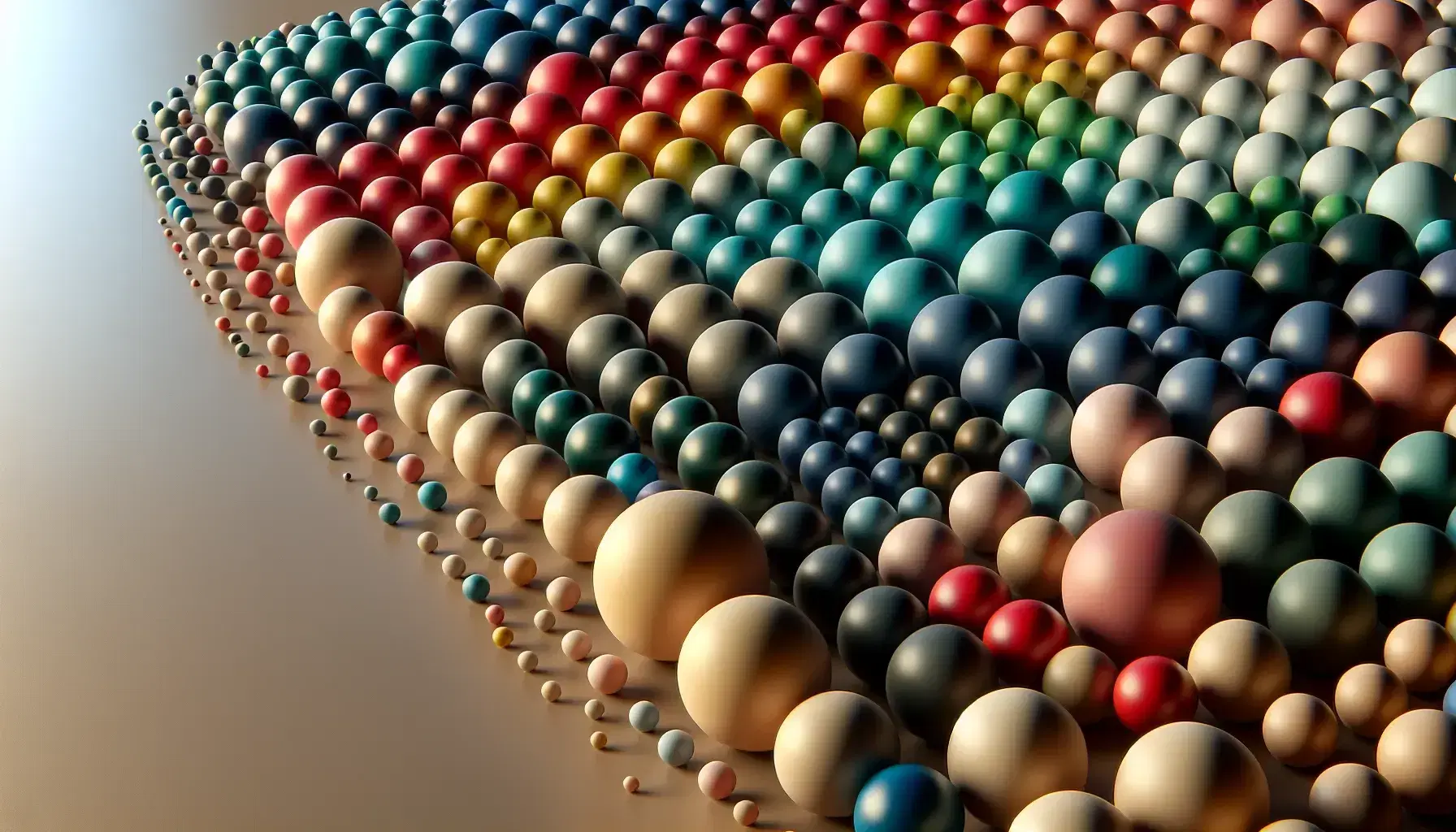 Colección de esferas multicolores en tonos de azul, rojo, verde y amarillo dispuestas en rejilla sobre superficie lisa, sin sombras duras.