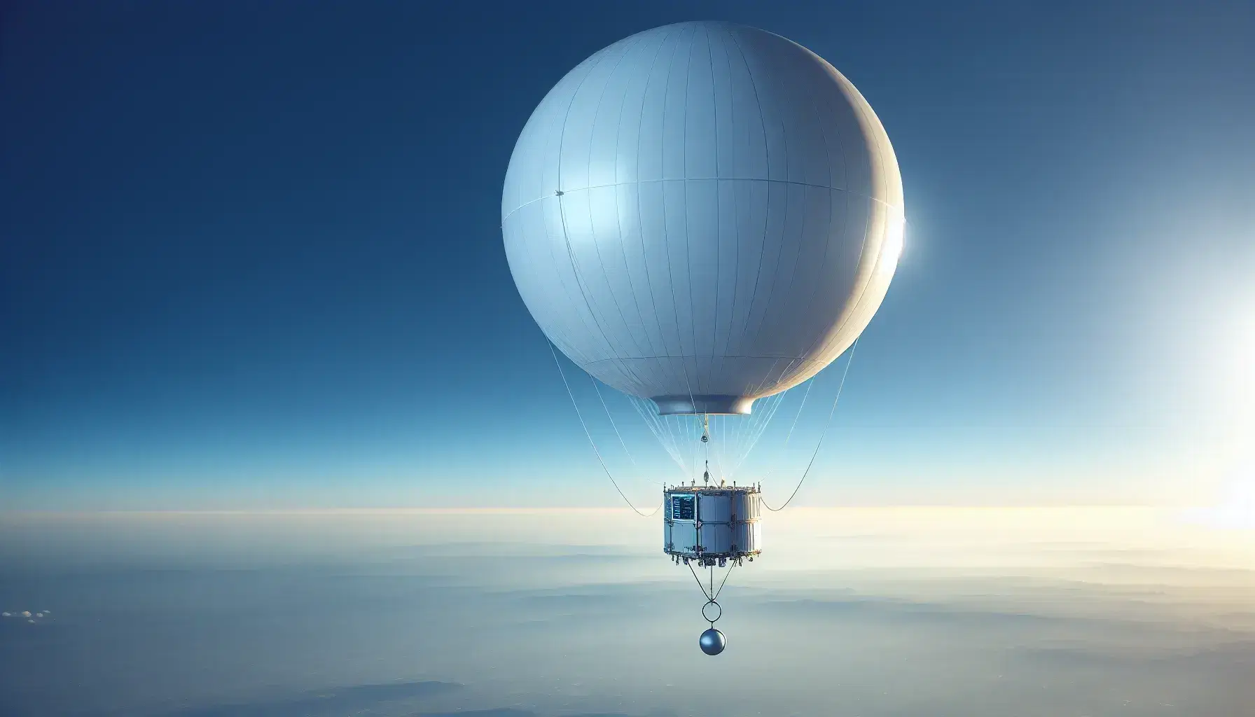 Pallone meteorologico bianco sale nel cielo azzurro senza nuvole con payload grigio collegato da cavi, simbolo di esplorazione atmosferica.