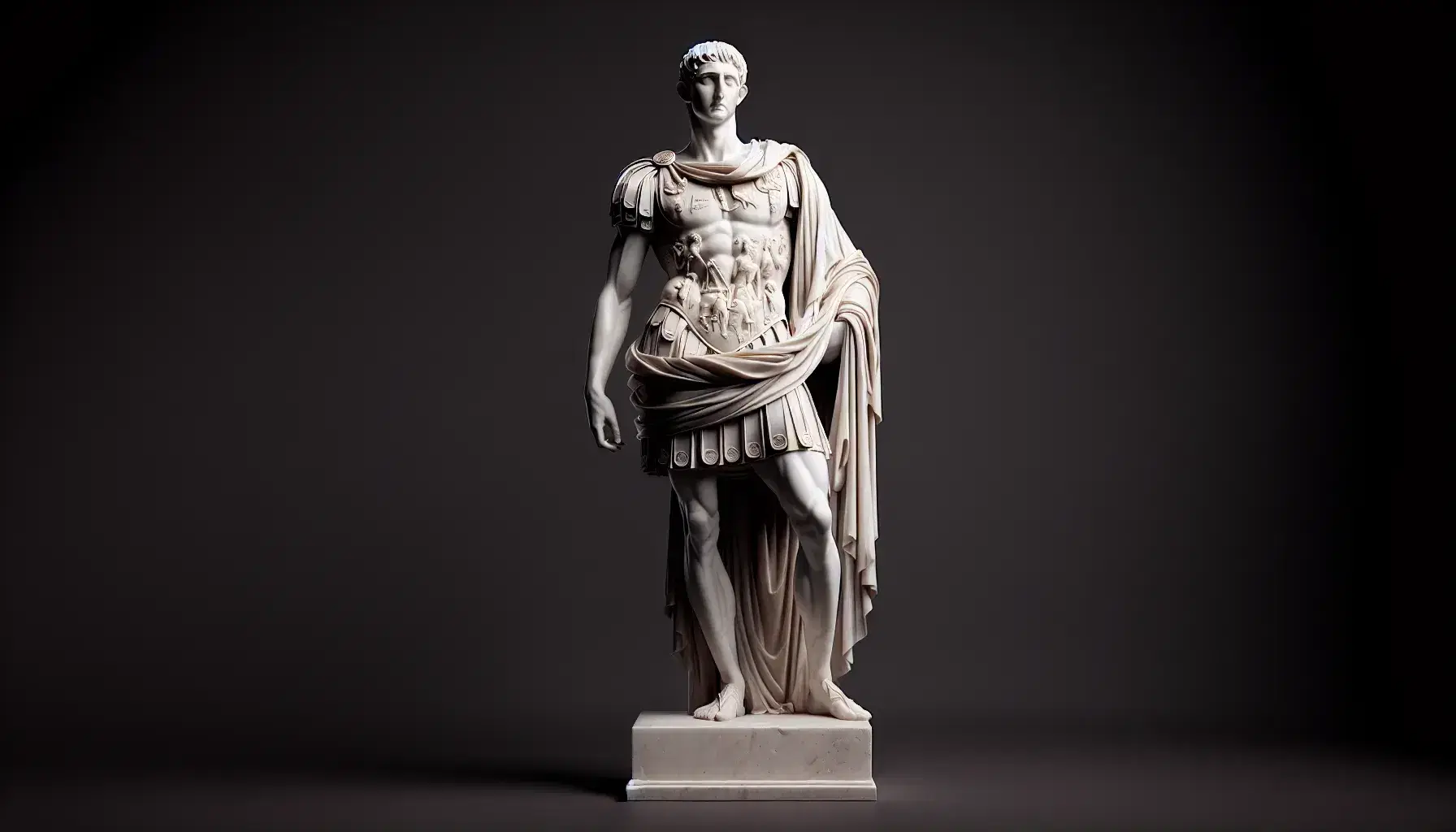 Statua in marmo bianco di uomo in abbigliamento militare romano, con pettorale decorato e mantello, su base semplice.