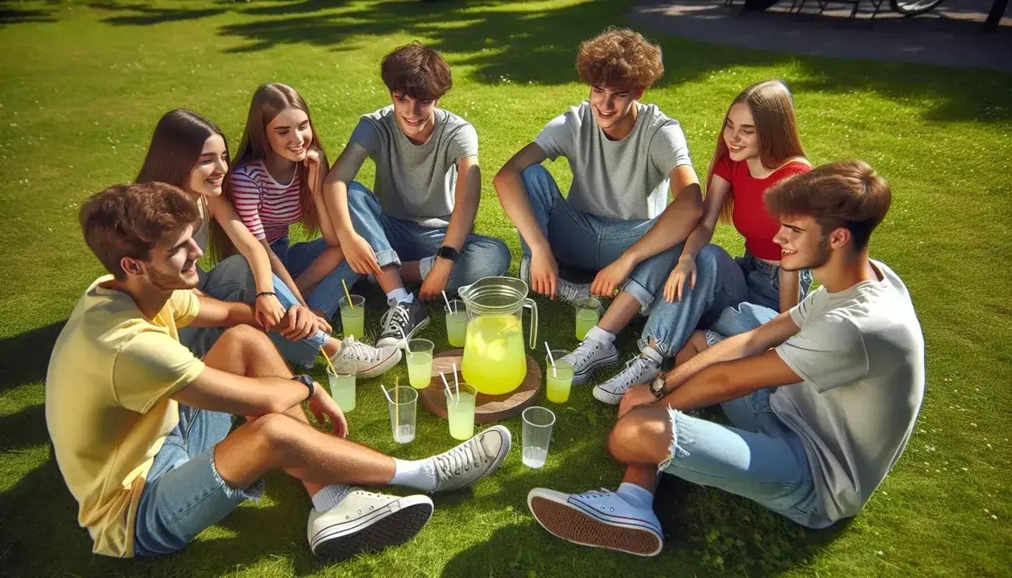 Grupo de cinco adolescentes disfrutando de una bebida amarilla en el parque, sentados en la hierba bajo un cielo despejado, rodeados de árboles.