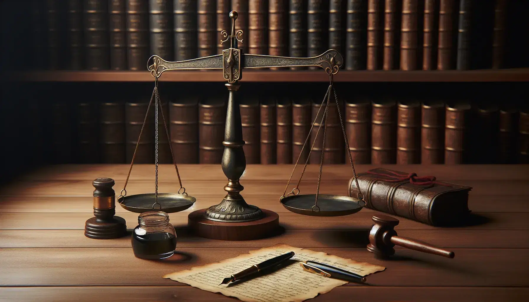 Bilancia antica equilibrata su tavolo in legno, con penna stilografica, calamaio e pergamena legata, sfondo di libreria sfocata.