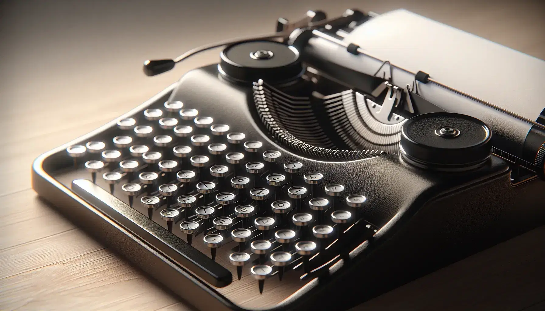 Close-up of a black classic typewriter with glossy keys and QWERTY layout on neutral background with light wood texture.