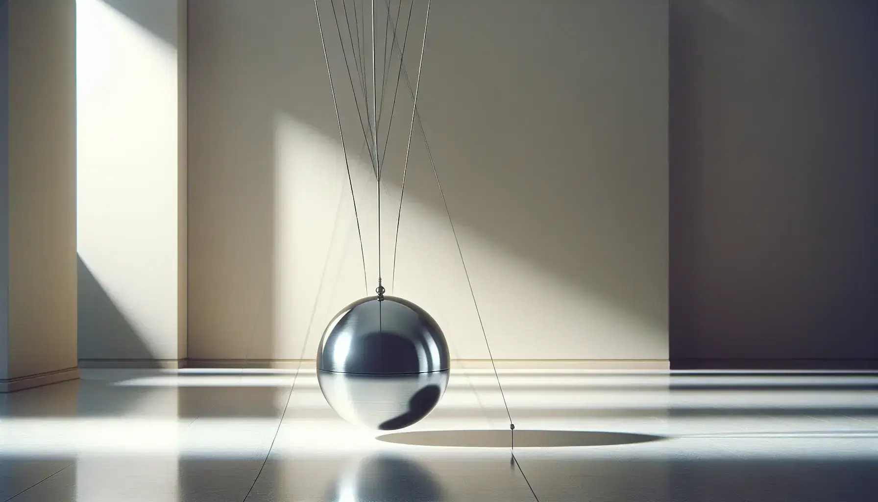 Foucault pendulum in motion with a shiny metallic sphere and elongated shadow on a reflective floor, set in a softly lit, spacious indoor scientific environment.