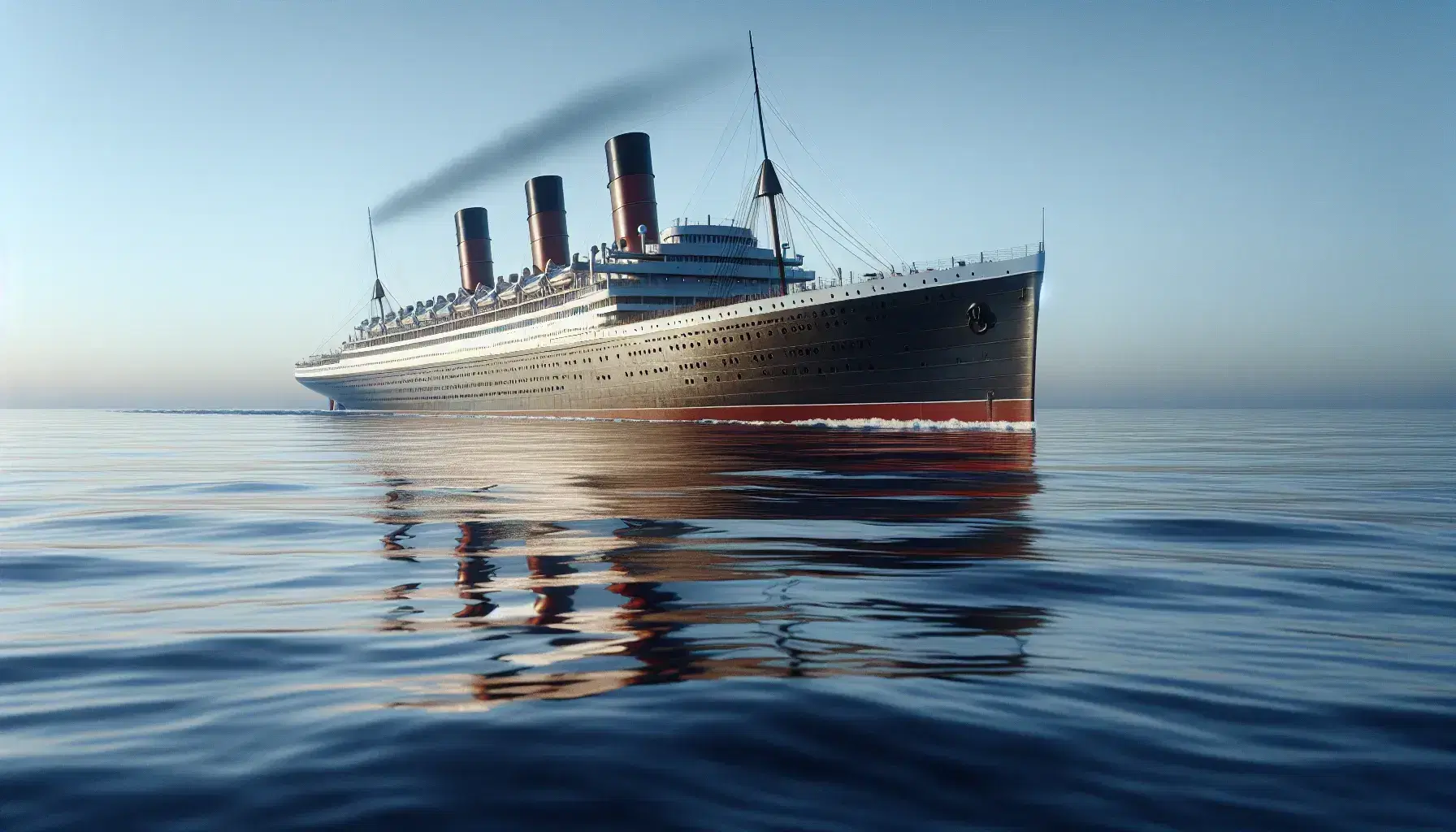 Vintage early 20th-century ocean liner with red funnels glides through calm blue waters under a clear sky, accompanied by soaring seagulls.