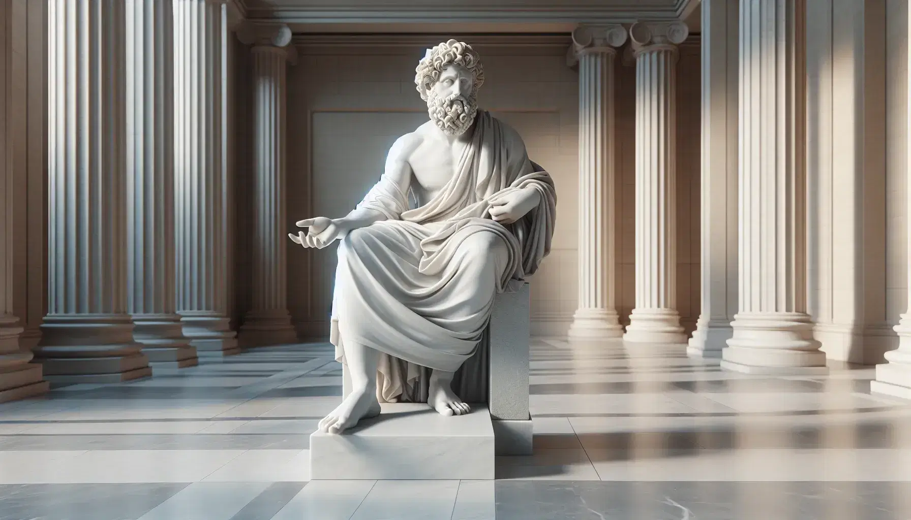 Estatua de mármol blanco de hombre barbudo pensativo en toga, con dedo índice levantado, ante columnas clásicas y suelo geométrico.