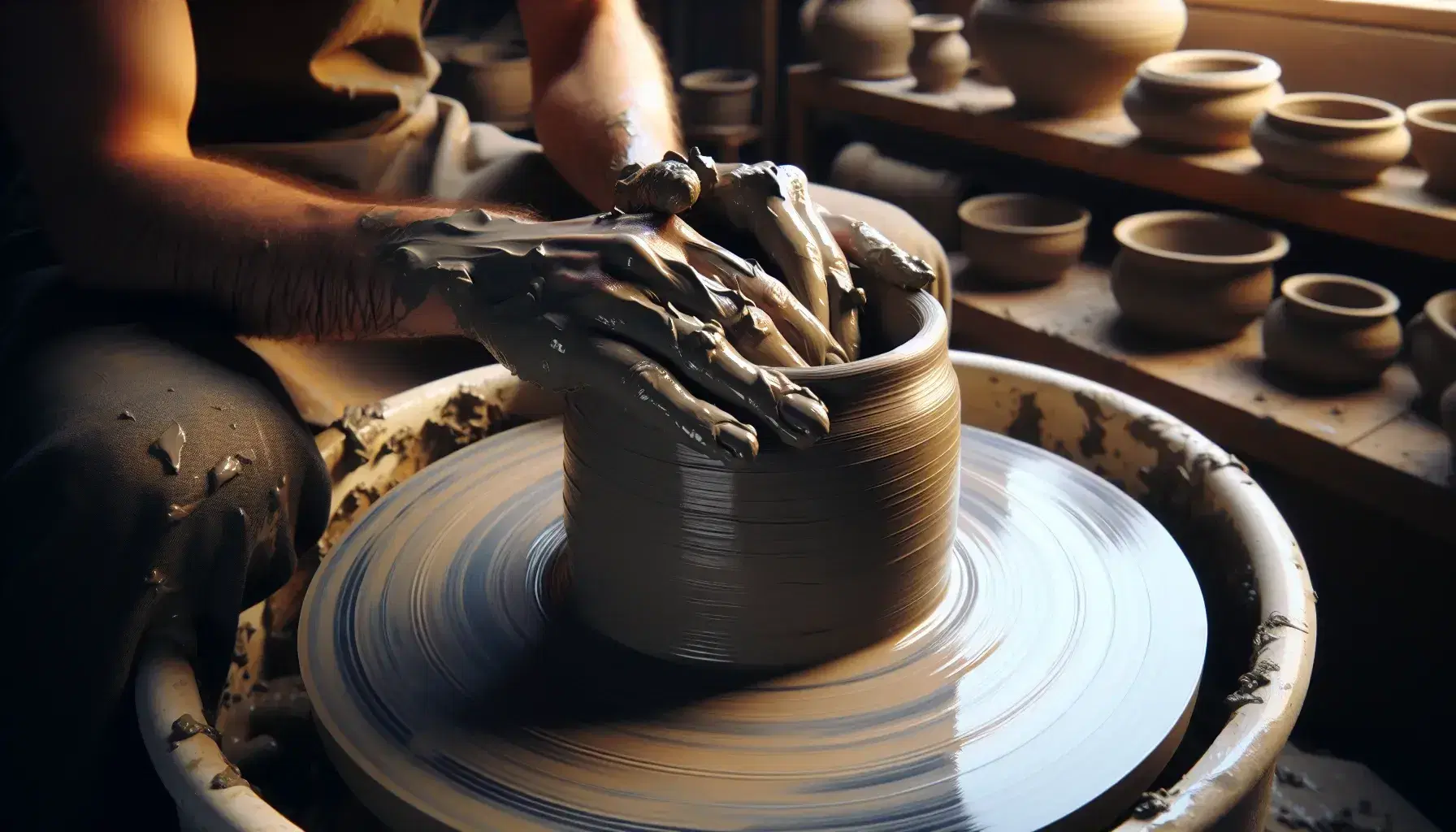 Mani modellano argilla su tornio da vasaio, con ruota sfocata in movimento e sfondo di ceramiche.