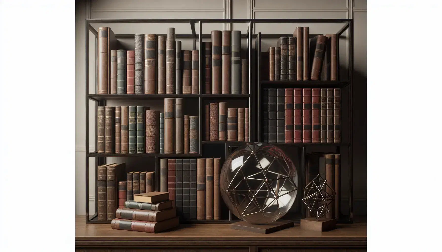 Estantería de madera oscura repleta de libros antiguos con esfera de vidrio y figura geométrica metálica en primer plano, contra pared clara.