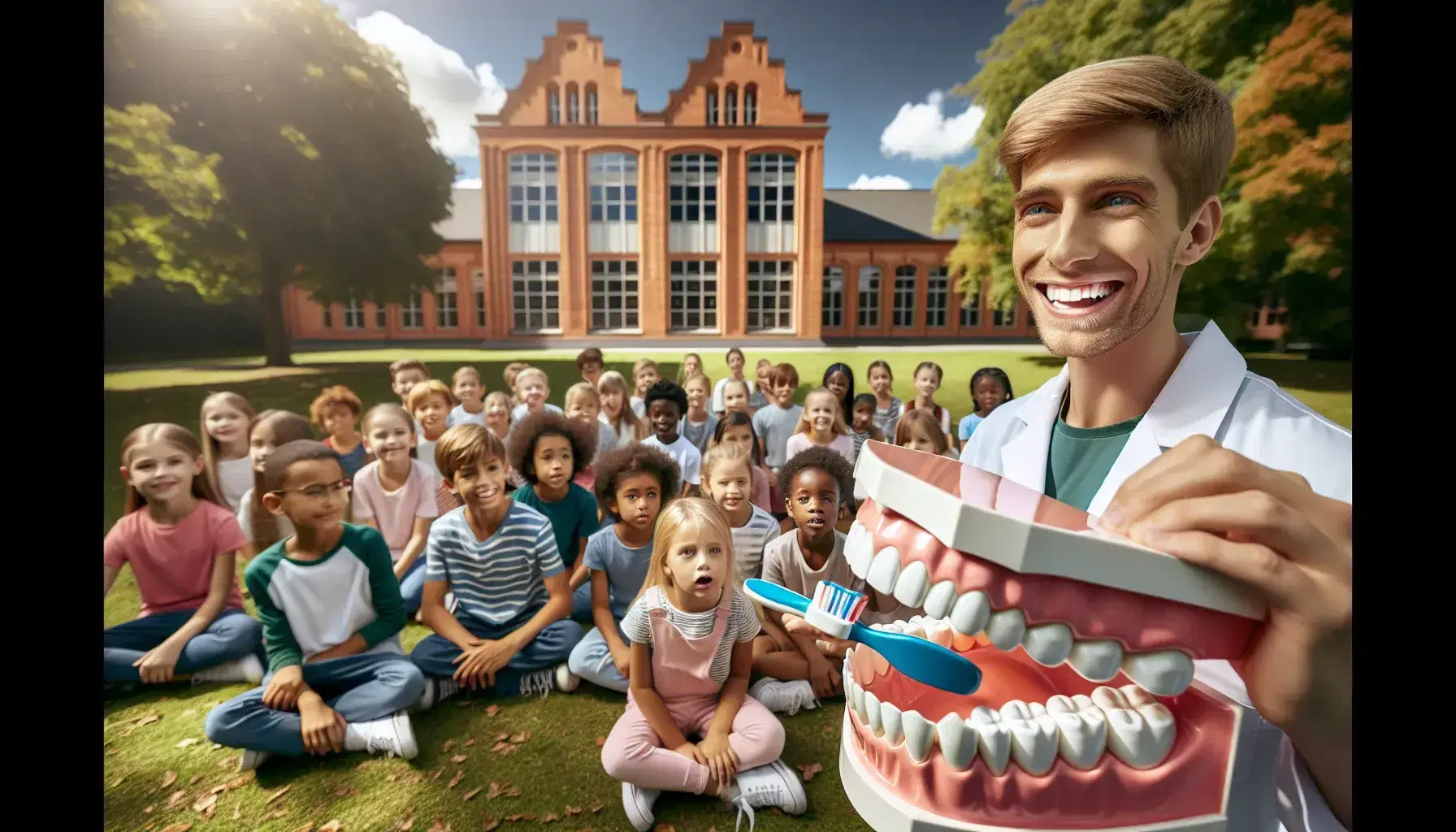 Profesional de la salud dental enseñando a niños de diversas etnias técnicas de cepillado con un modelo de mandíbula y cepillo gigantes en un jardín escolar.