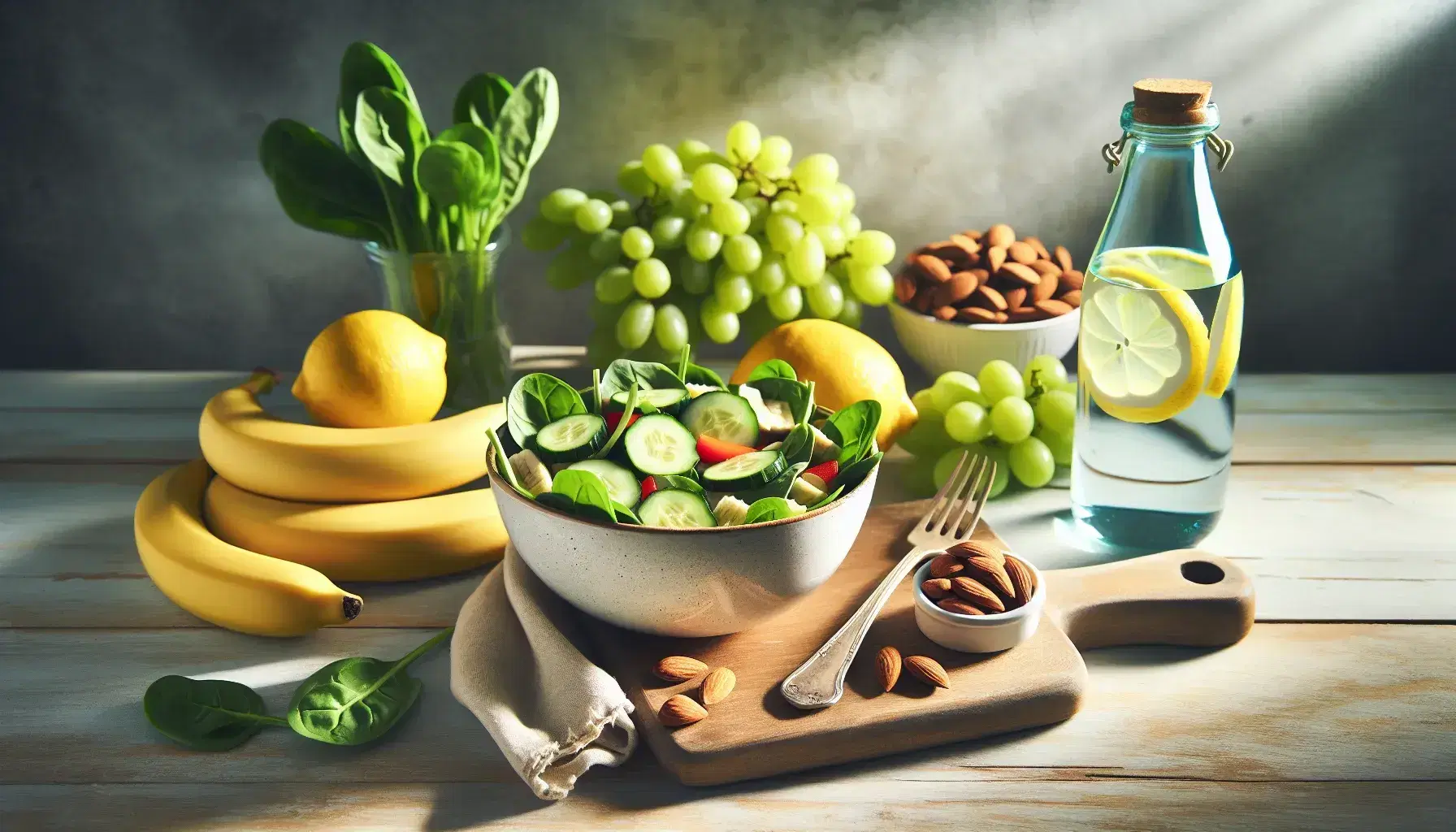 Mesa de madera clara con alimentos saludables para síndrome de intestino irritable, incluyendo ensalada verde, agua con limón, plátanos, uvas verdes y almendras.
