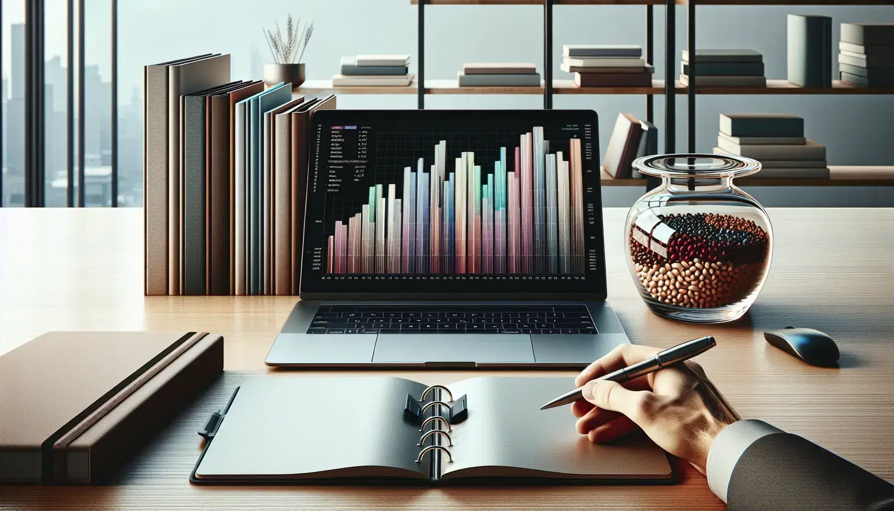 Modern office desk with a silver laptop displaying a colorful bar graph, assorted folders, a jar of beans, and hands with a pen over a blank notebook.