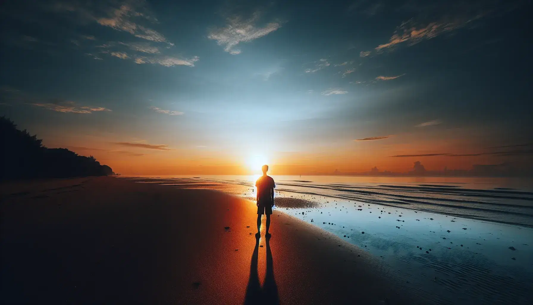 Persona de pie en la playa al amanecer, observando el sol emergiendo del mar con cielo de tonos cálidos y arena con huellas.
