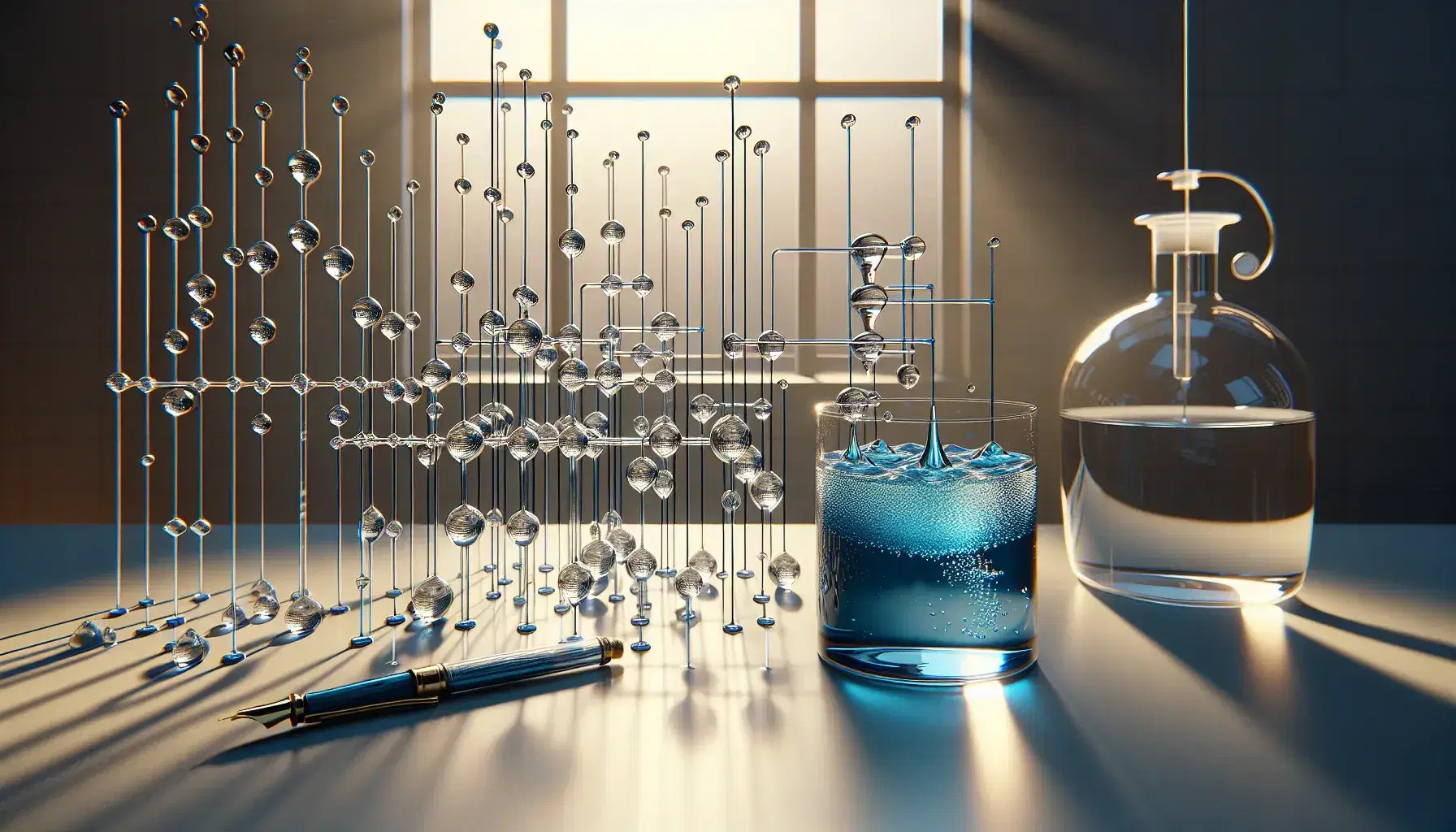 Laboratorio di fisica con vasi comunicanti e liquido blu, contenitore che mostra capillarità e penna stilografica con inchiostro ascendente.