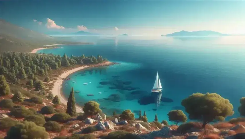 Vista panorámica del Mediterráneo con aguas cristalinas y un velero cerca de la costa bajo un cielo despejado, rodeado de vegetación costera.