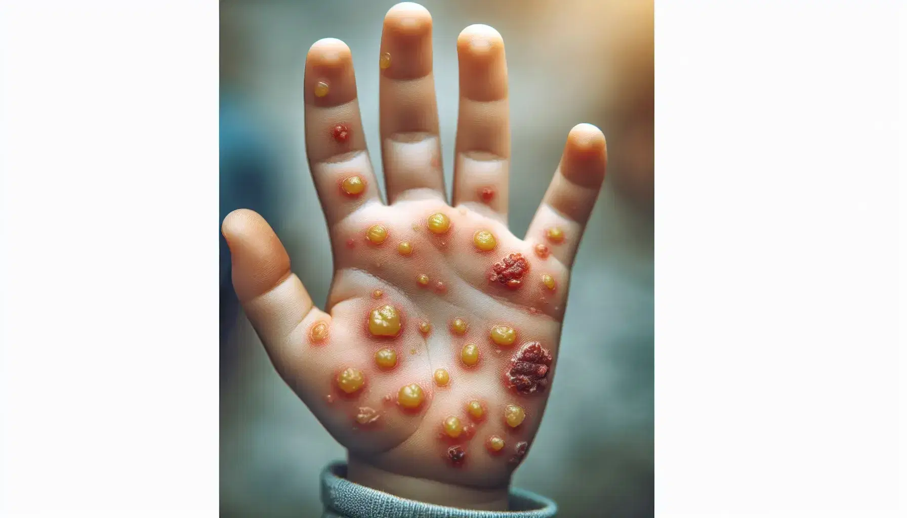 Mano de niño extendida mostrando lesiones características de impétigo, con ampollas y costras amarillentas sobre base rojiza, indicando inflamación.