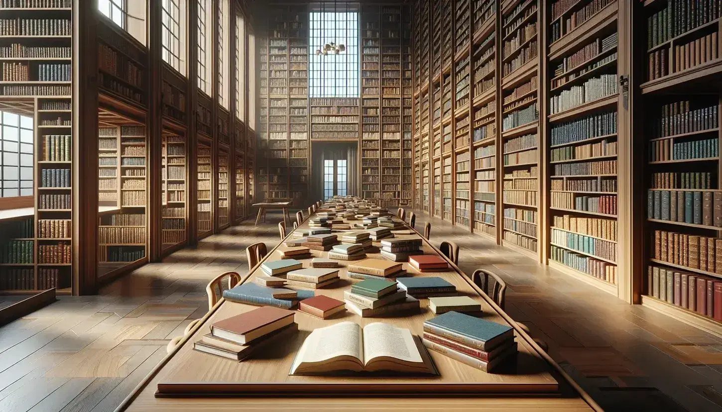 Biblioteca espaciosa con mesa de madera y libros abiertos, estanterías llenas y ventana grande que ilumina la habitación.