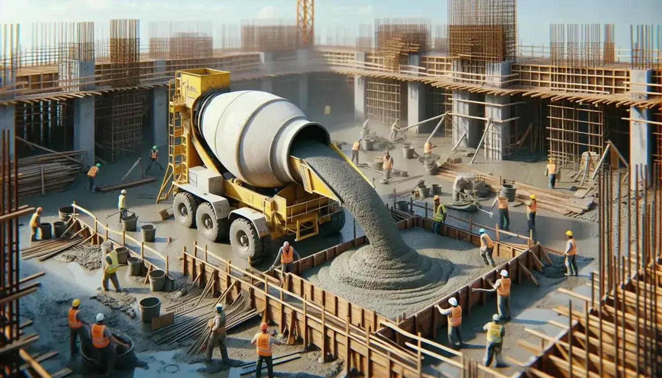 Cantiere edile attivo con operai in caschi di sicurezza e giubbotti ad alta visibilità che lavorano intorno a un betoniera gialla che versa calcestruzzo.