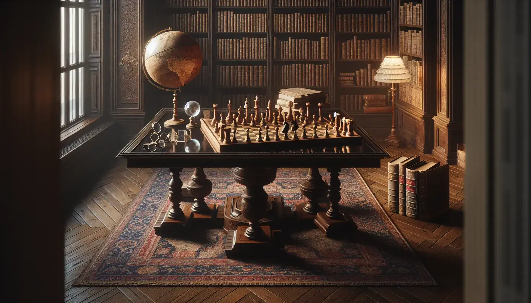 Biblioteca antigua con mesa de madera oscura, globo terráqueo sepia, gafas redondas y piezas de ajedrez, estantes con libros encuadernados en cuero y alfombra persa.