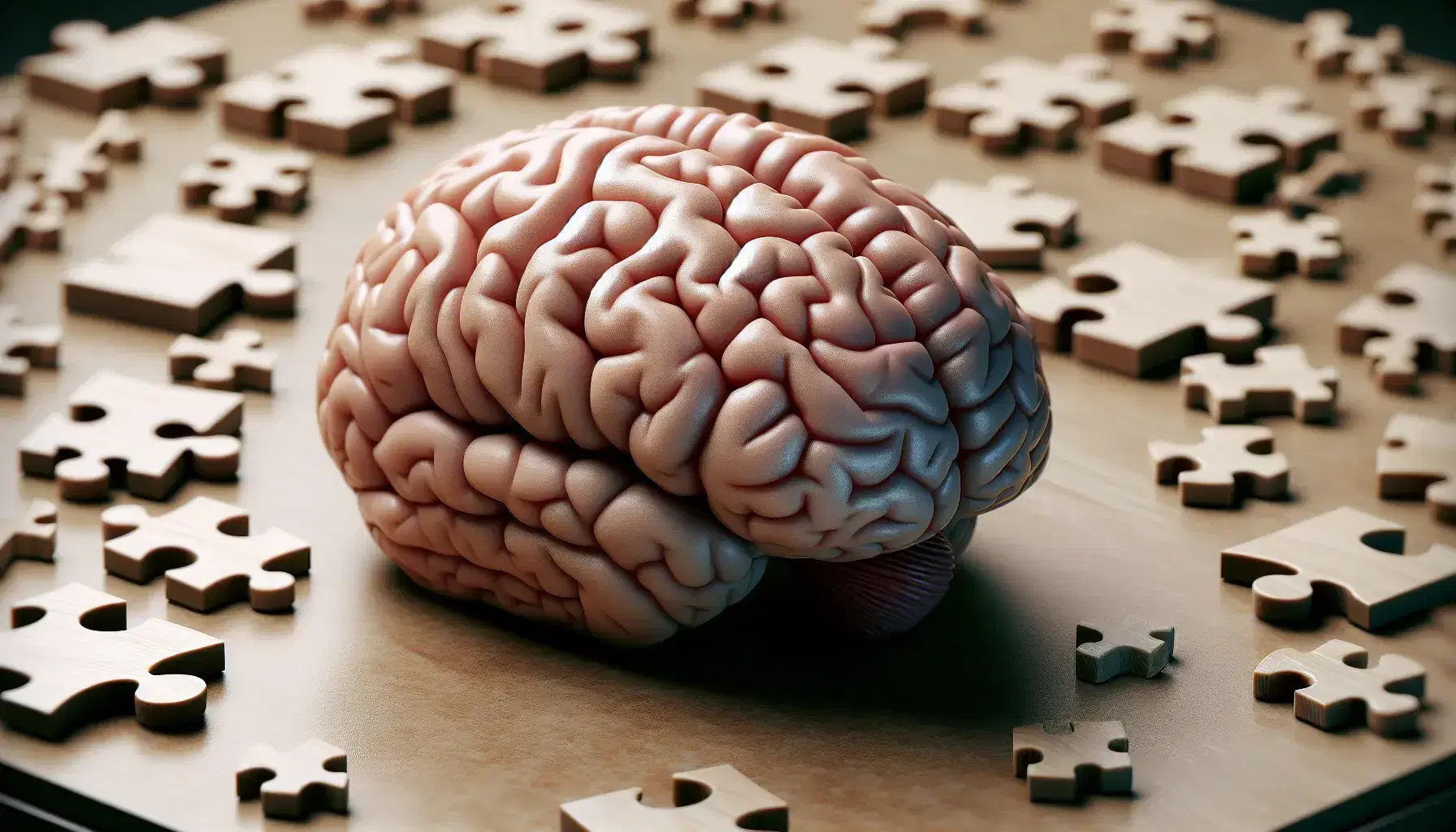 Anatomical model of human brain with hemispheres in pink and blue and scattered wooden puzzle pieces on neutral gray background.