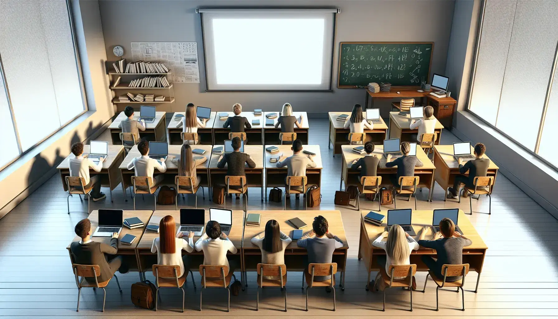 Classroom divided in two: on the left students in uniform with laptops on modern desks and an interactive whiteboard, on the right students with books on wooden desks and a chalk board.